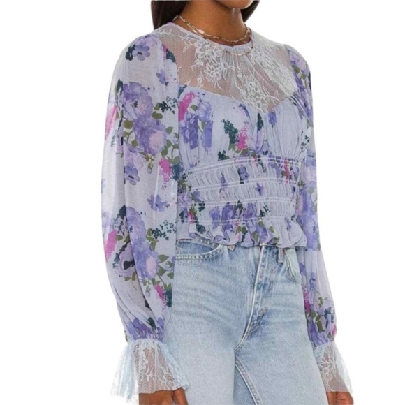 Free People Daphne Floral Long Sleeve Smocked Waist Lace Detail Blouse - Picture 1 of 9